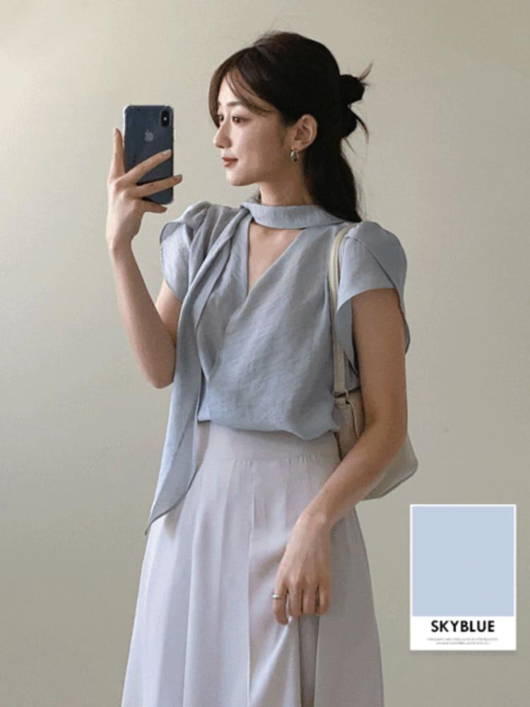 [자체제작] 튤립 타이 반팔 블라우스 (여름/썸머/출근룩/하객룩/레이스/브이넥/리본/쉬폰)