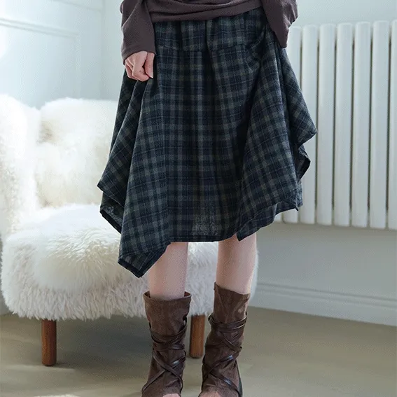 보헴 빈티지 체크 언발 스커트 2color