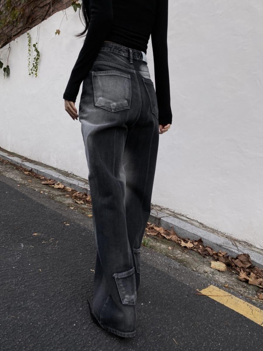Back Pocket Washing Wide Pants (black)