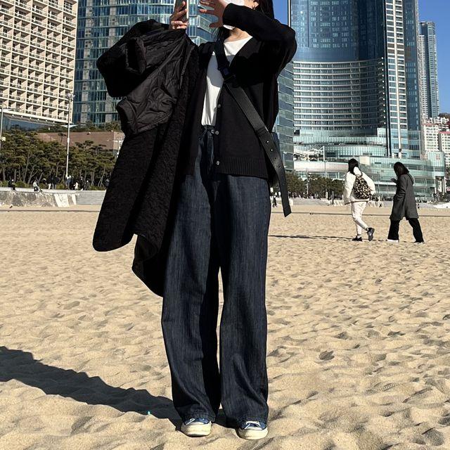 생지 일자 롱 와이드 데님 _진청