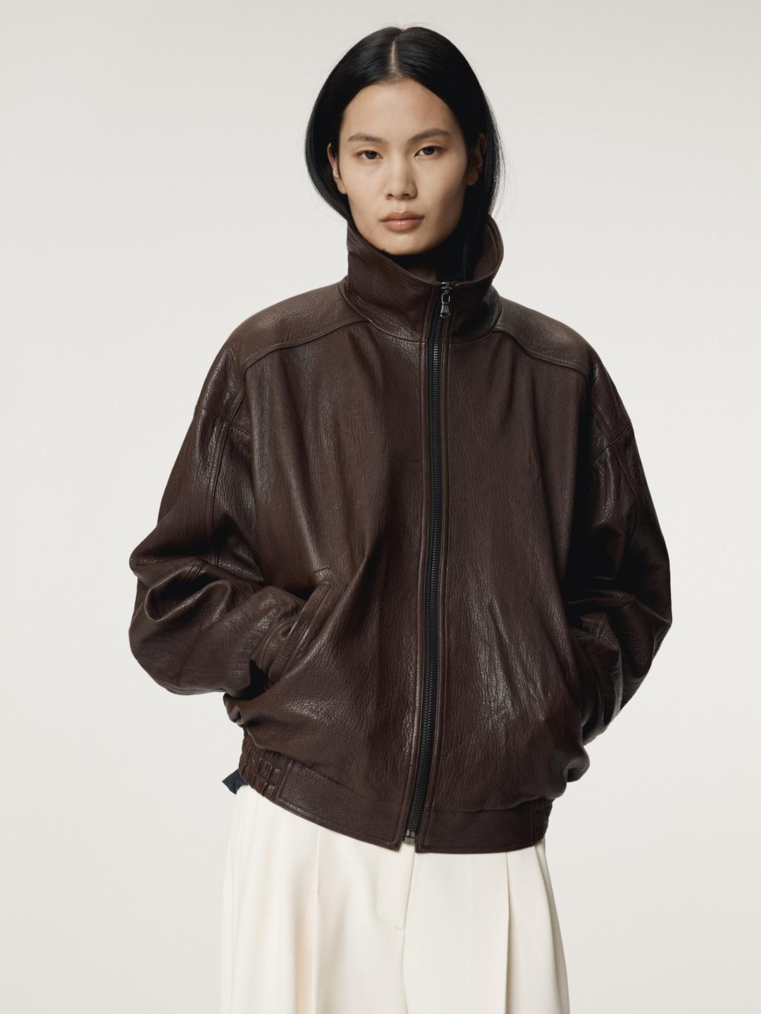 HIGH-NECK LEATHER JUMPER (BROWN)