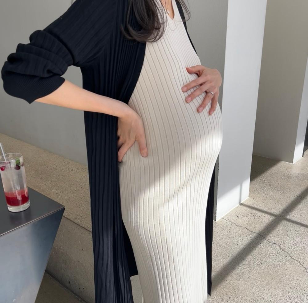 브이넥 자잘골지 롱 트임 허리끈 디라인 벨트 임부복원피스 임산부 만삭