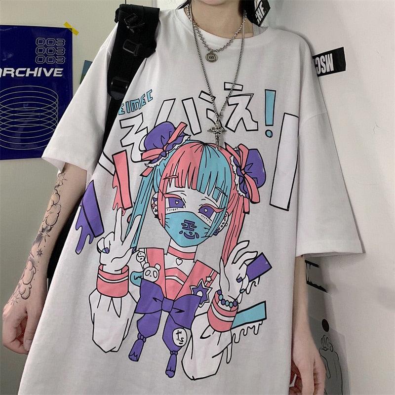 Plus Size Harajuku Menhera Yami Kawaii Fashion Pastel Schoolgirl T-shirt (3 Colors) - white / M
