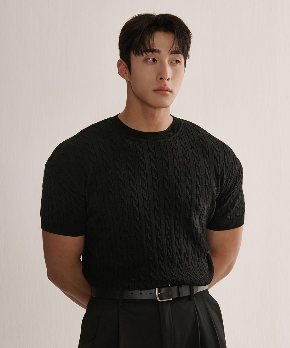 케이블 반팔 머슬 니트 (블랙)