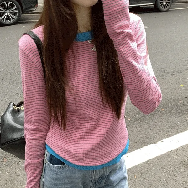디안 페이크 레이어드 스트라이프 티셔츠 - tt28721