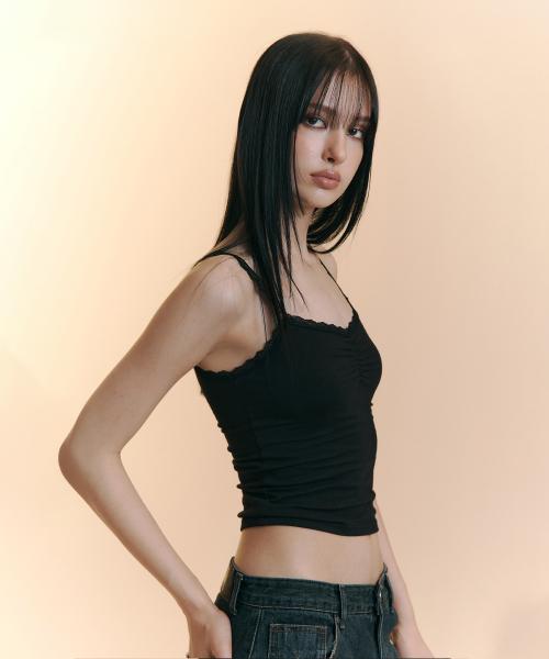 Meli Lace Shirring Sleeveless Top (Black)