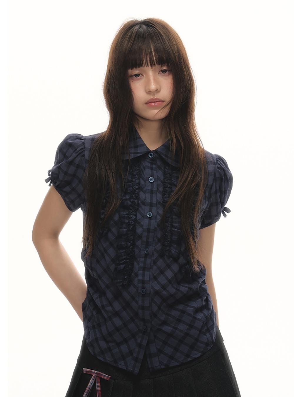 Vintage Shirring Check Slim Shirt (2color)