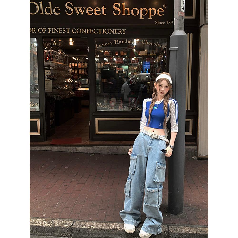 바로크 워싱 하이 웨이스트 스트레이트 루즈 와이드 레그 팬츠