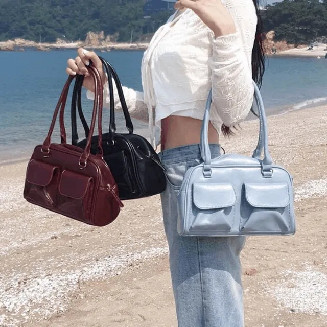 [4color] 더블 미니포켓 보스턴 토트백 스퀘어 레더 숄더백