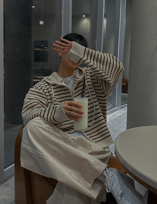 [당일배송]워머 스트라이프 후드 니트집업