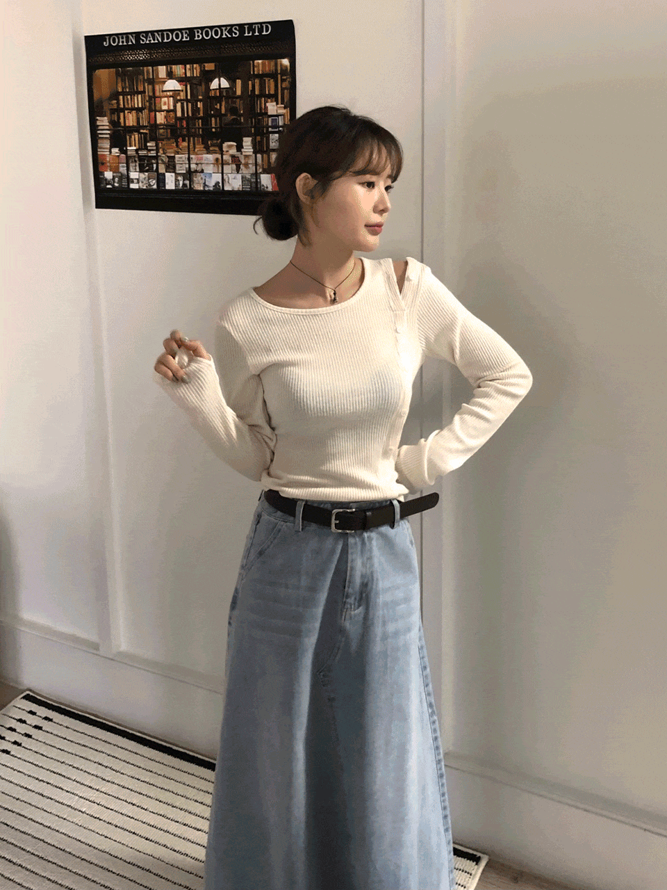 쿠랜 사선 버튼 골지 티셔츠(3color)