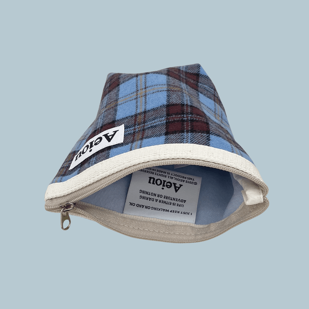Aeiou Basic Pouch (M size) Tartan Check Blue Burgundy