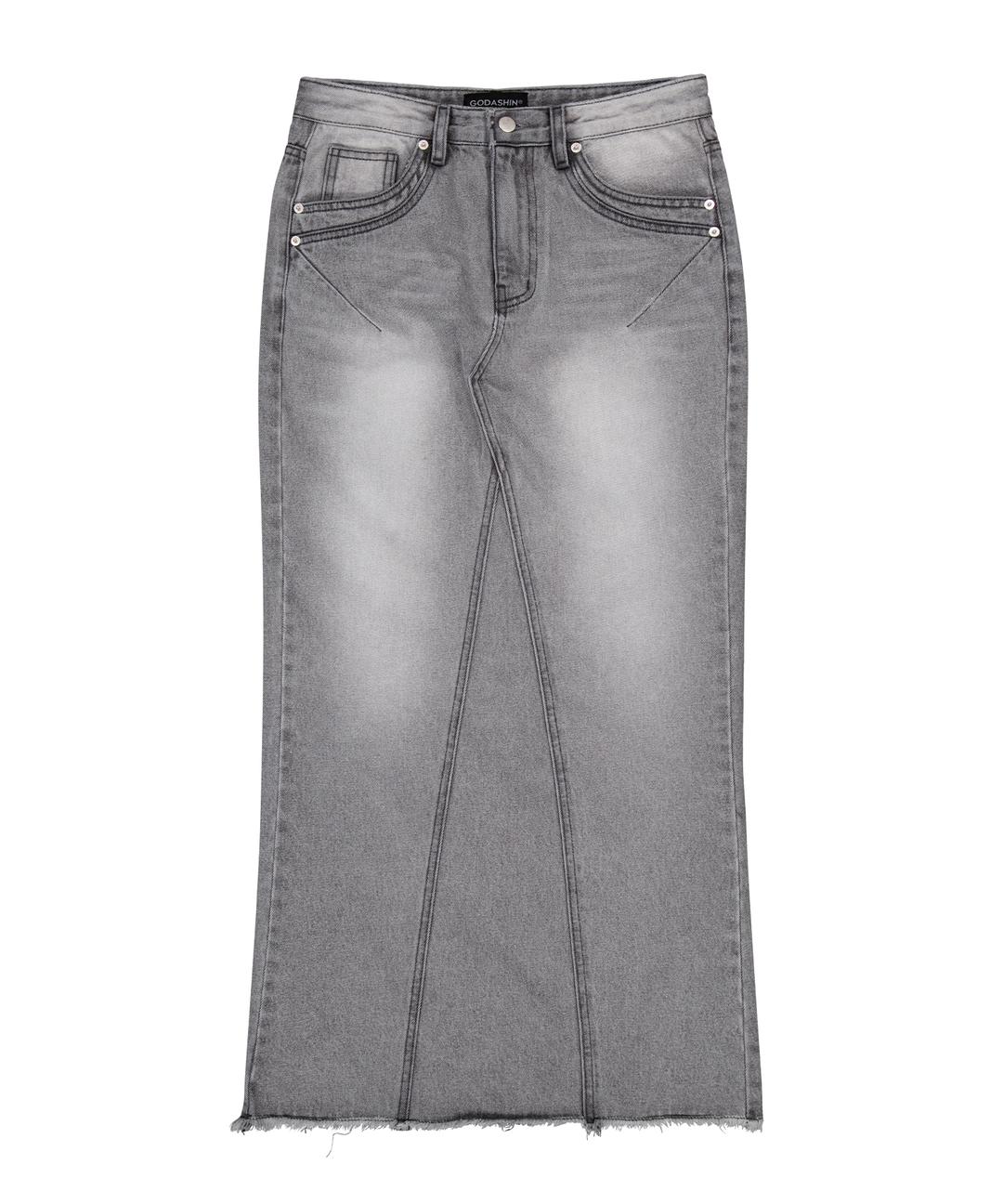 Washed Maxi Denim Skirt (Gray)