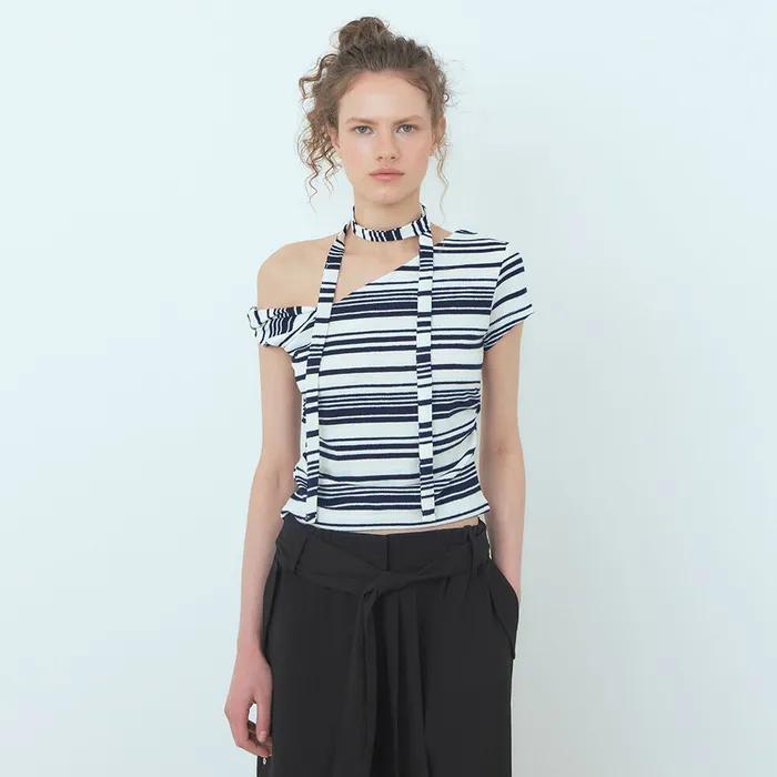 Stripe One-Shoulder T-Shirt, Navy