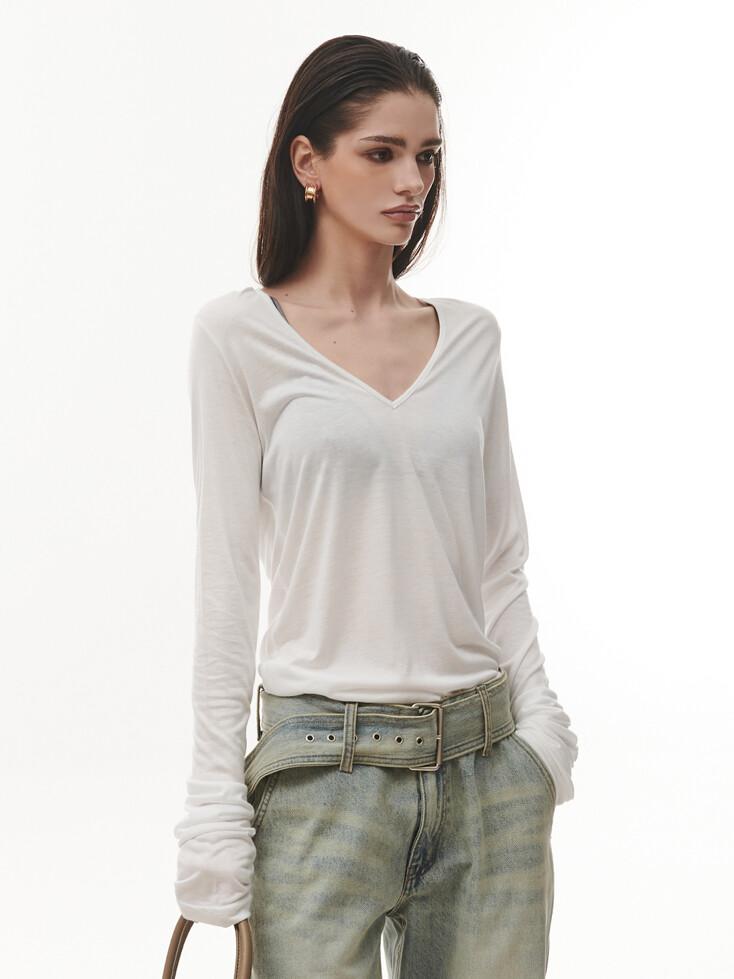 시스루 딥 브이넥 셔링 티셔츠