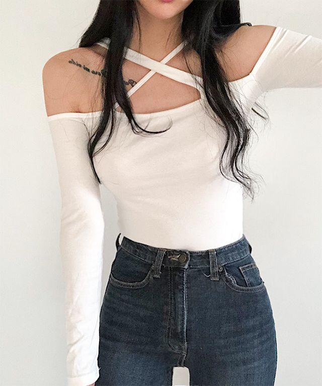 크로스 오프숄더 글램핏 파티룩 오프숄더티셔츠_레이즈영