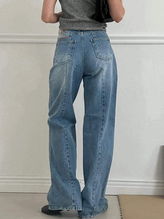 [주문폭주]✨키큰녀,PREMIUM) 제이드 뒷 절개선 디테일 중청 와이드 데님 팬츠