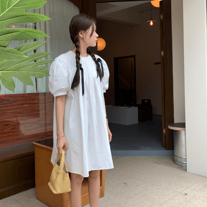 ｢여름신상｣ 반팔 셔츠원피스 라운드넥 퍼프셔츠 핀턱 주름 미니 화이트 미니 키작녀 셔츠룩 데일리원피스 ＊데이트룩 여름 데일리룩