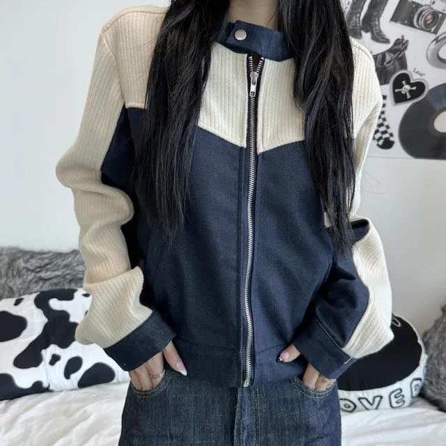 [재진행]퀄링 믹스 데님 니트 차이나 자켓 집업(2color/3-5일 여유주문)