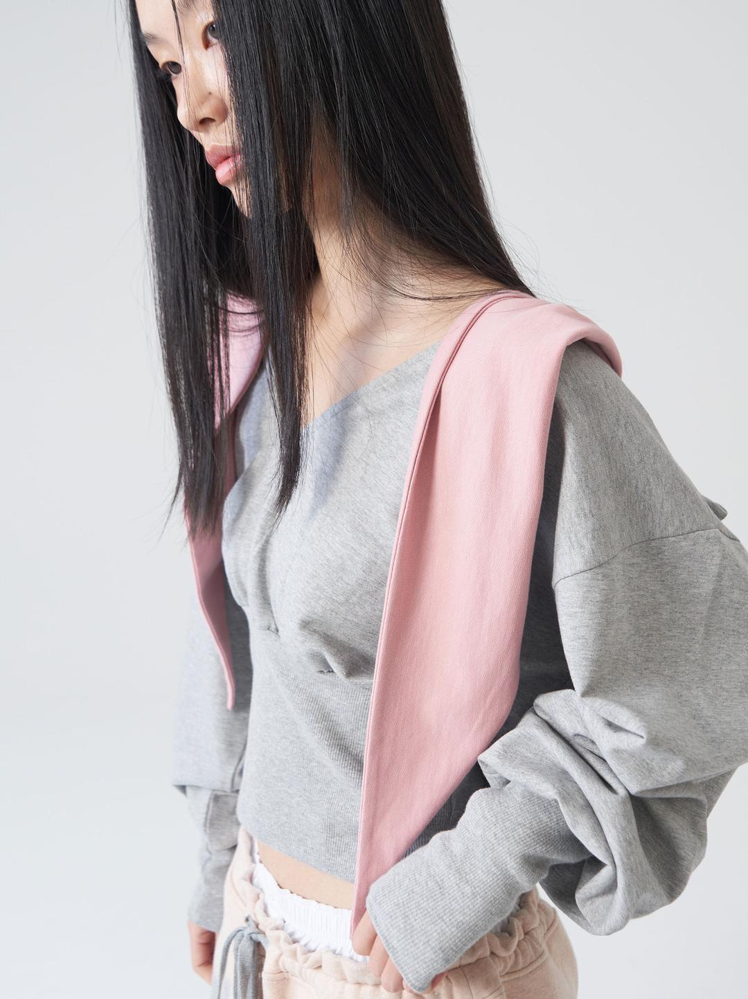 Tie Hooded Top_Gray & Pink
