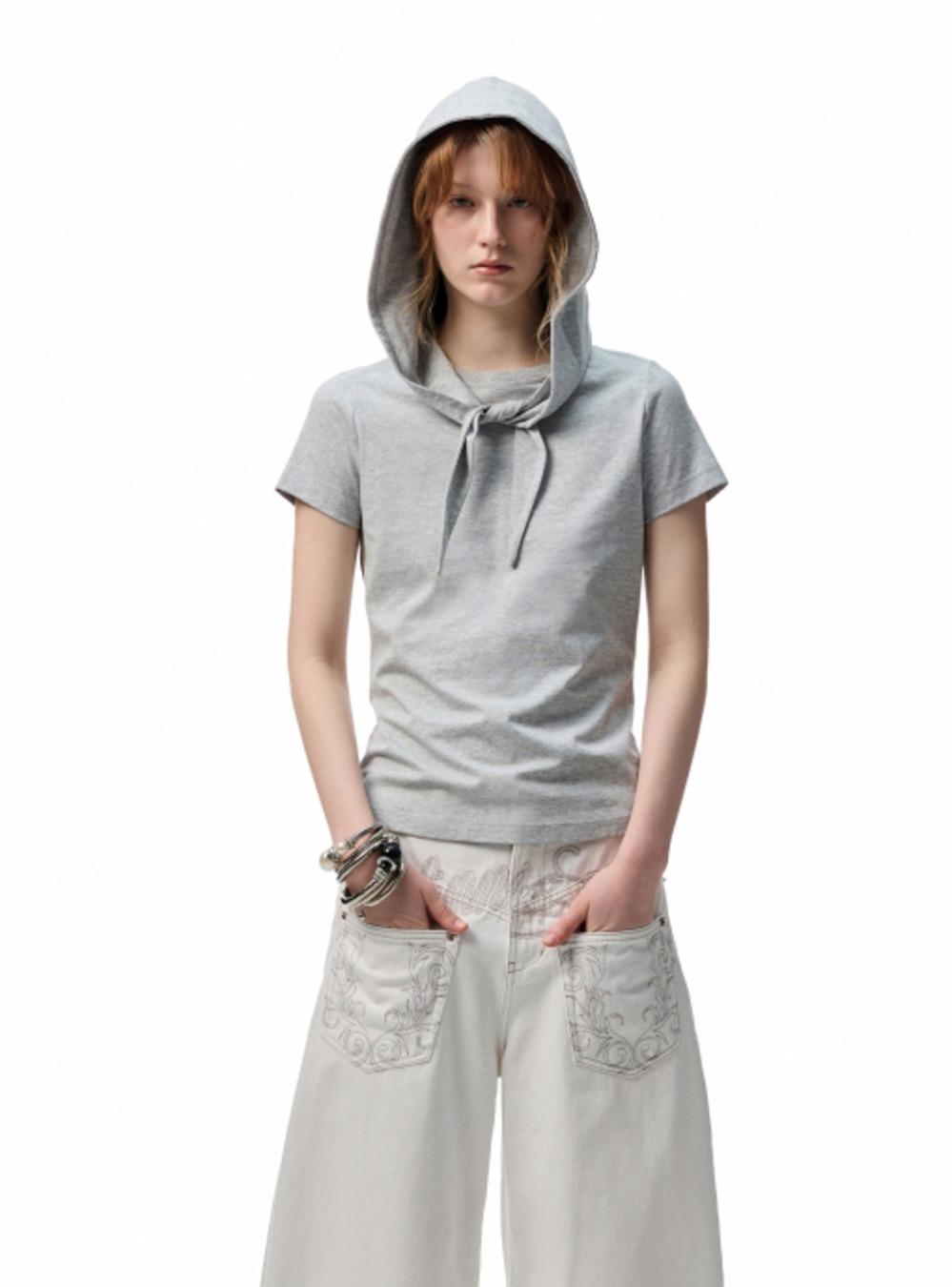 Ribbon Hood Short Slim T-shirt (3color)