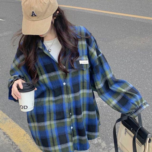 이니셜 루즈핏 체크 셔츠