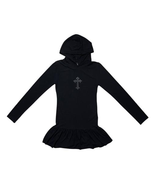 Cross Frill Layered Long Sleeve Hoodie (Black)