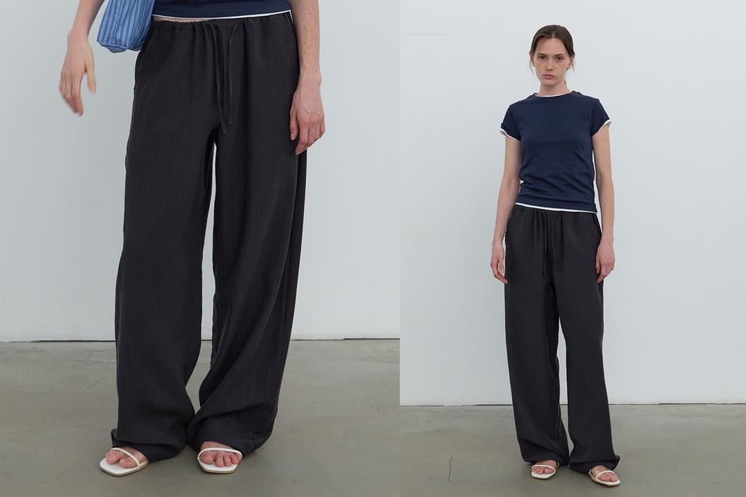 Pleats wide banding pants (charcoal navy)