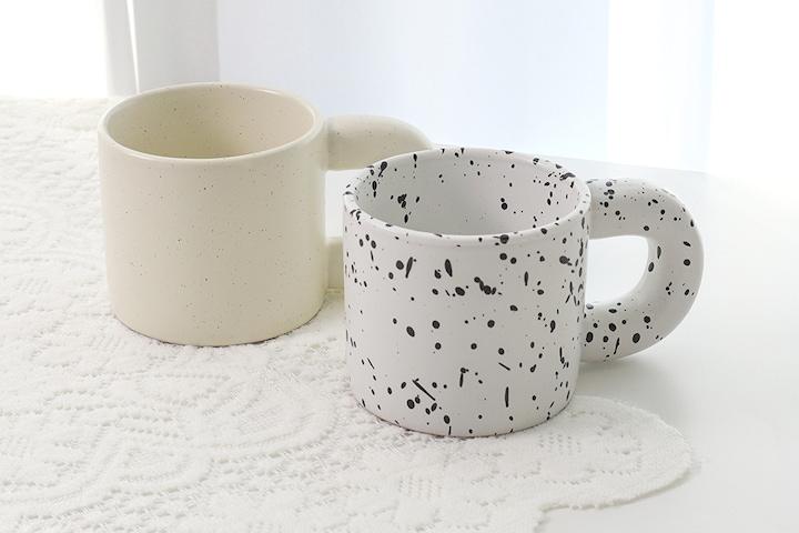 뭉툭 머그컵 세트 잉크 화이트 & 점박이 베이지 (개별박스 선물포장) 귀여운 홈카페 머그잔
