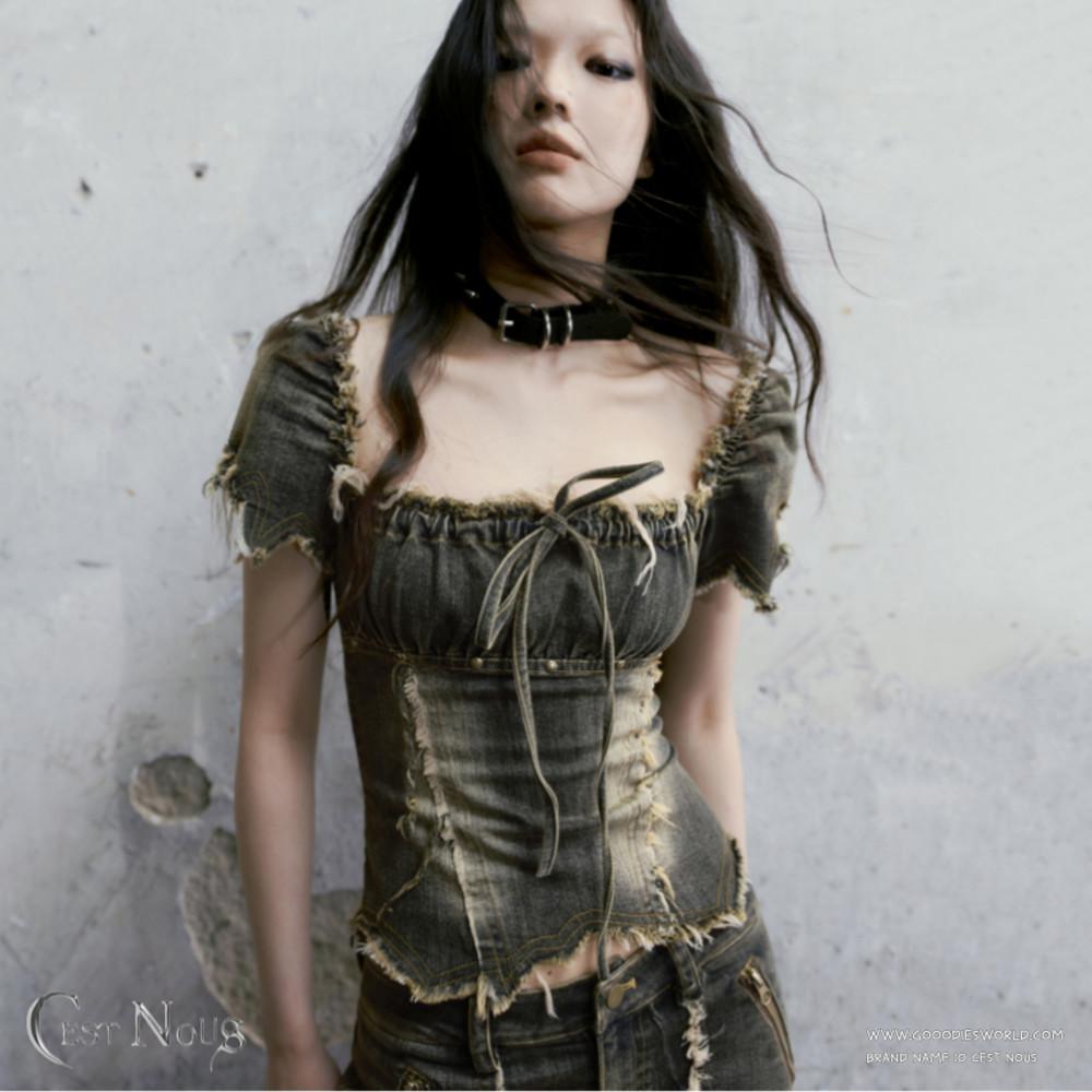 CEST NOUS 데님 쇼티드 크롭탑 레트로 워싱 셔링 반팔 데님 크롭 티셔츠