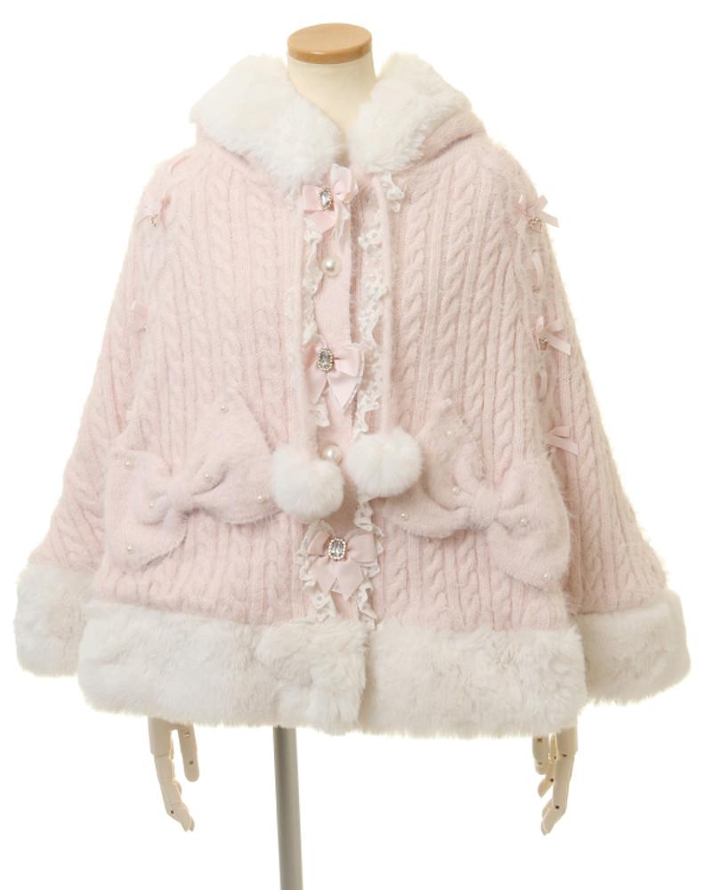 리즈리사 퐁퐁 리본 니트 퍼 판초