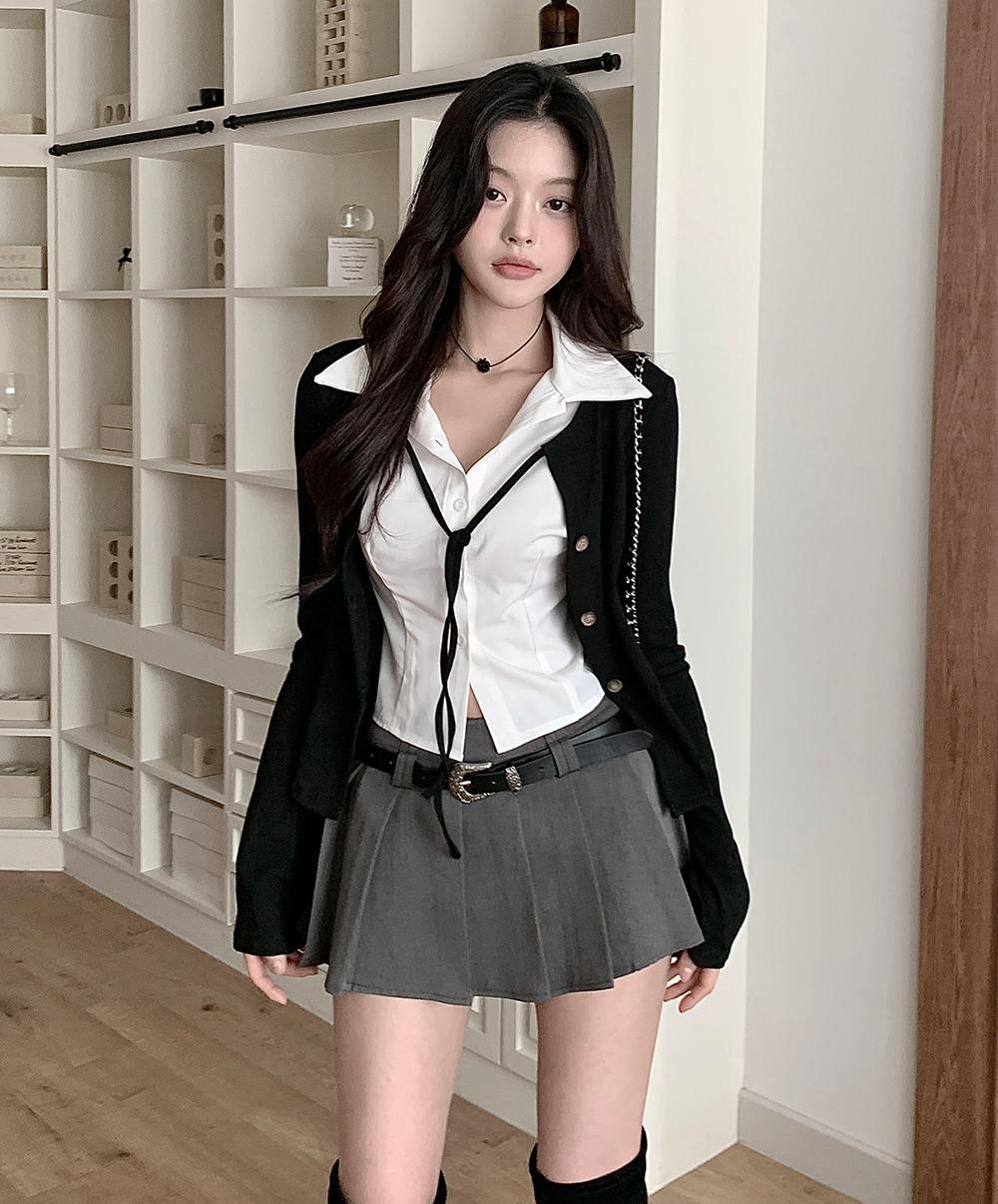 클래식블랑 [셔츠+가디건 일체형💗] 칠리 셔츠 가디건 일체형 레이어드 리본 슬림핏 티셔츠 가디건 봄 겨울 가을 / 하객룩 출근룩 소개팅룩 데이트룩 클래식블랑