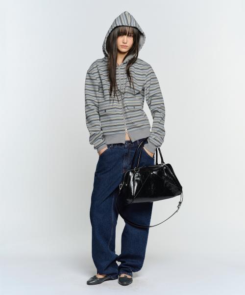 STRIPE FLAP POCKET HOODIE ZIP-UP, GRAY