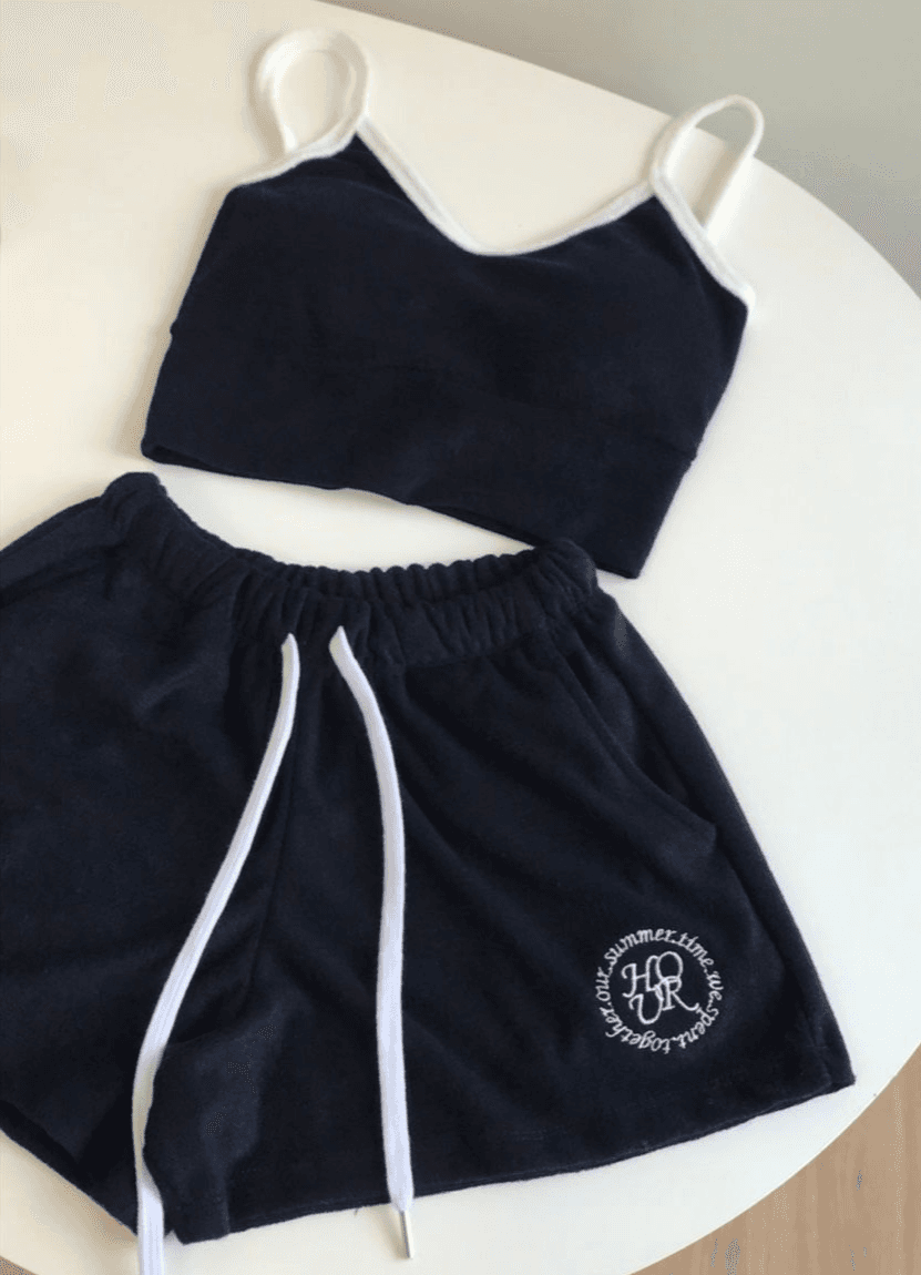 테리타올 비치 비키니 브라탑 크롭 캡나시 타월 팬츠 투피스비키니  워터밤 흠뻑쇼 파랑 수영복 세트