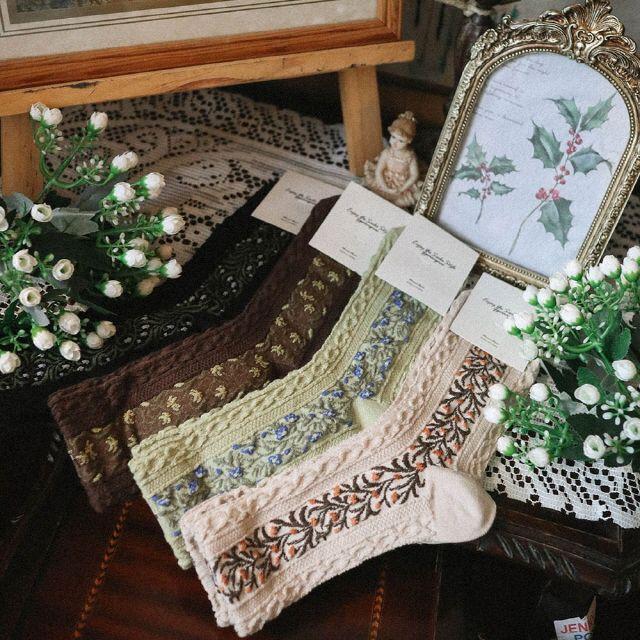 [4set] 어텀 플라워 자수 꽈배기 삭스 양말 세트 ac0007