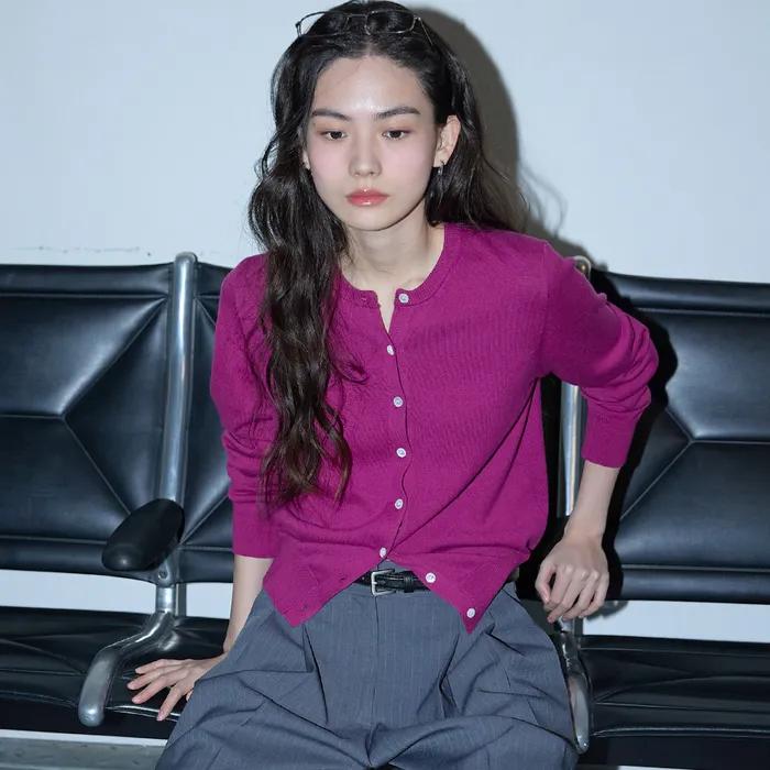 Essential Round Knit Cardigan Plum