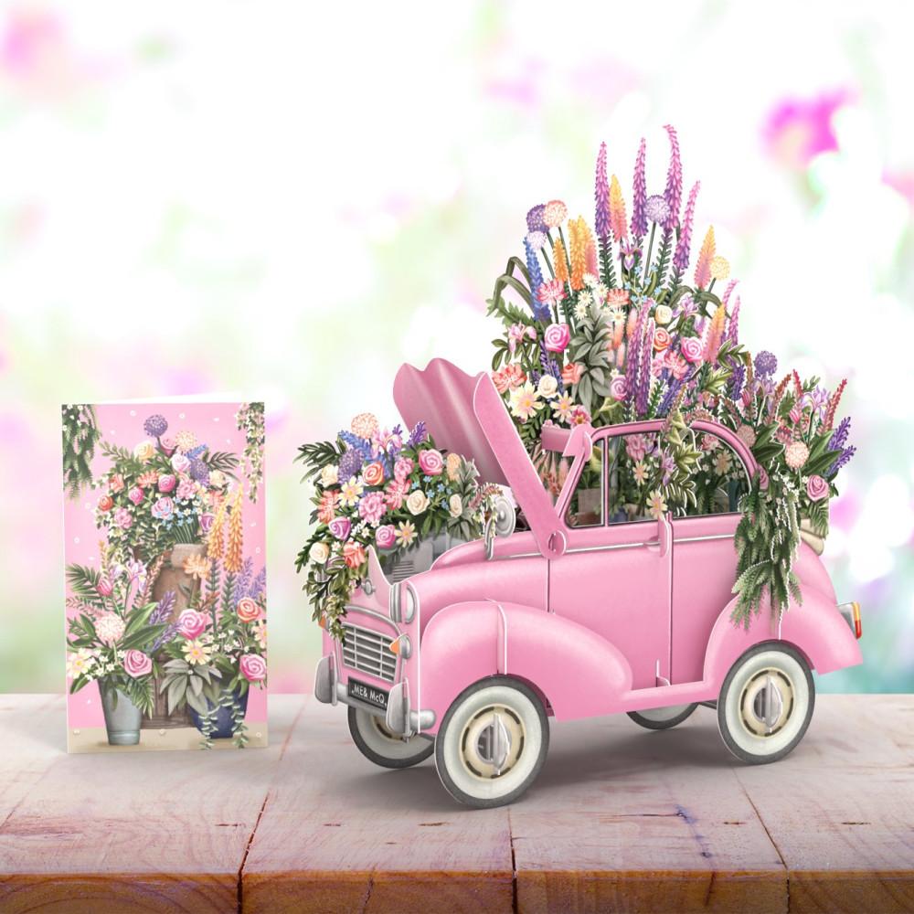 The Pink Flower Car 3D Pop-up 카드