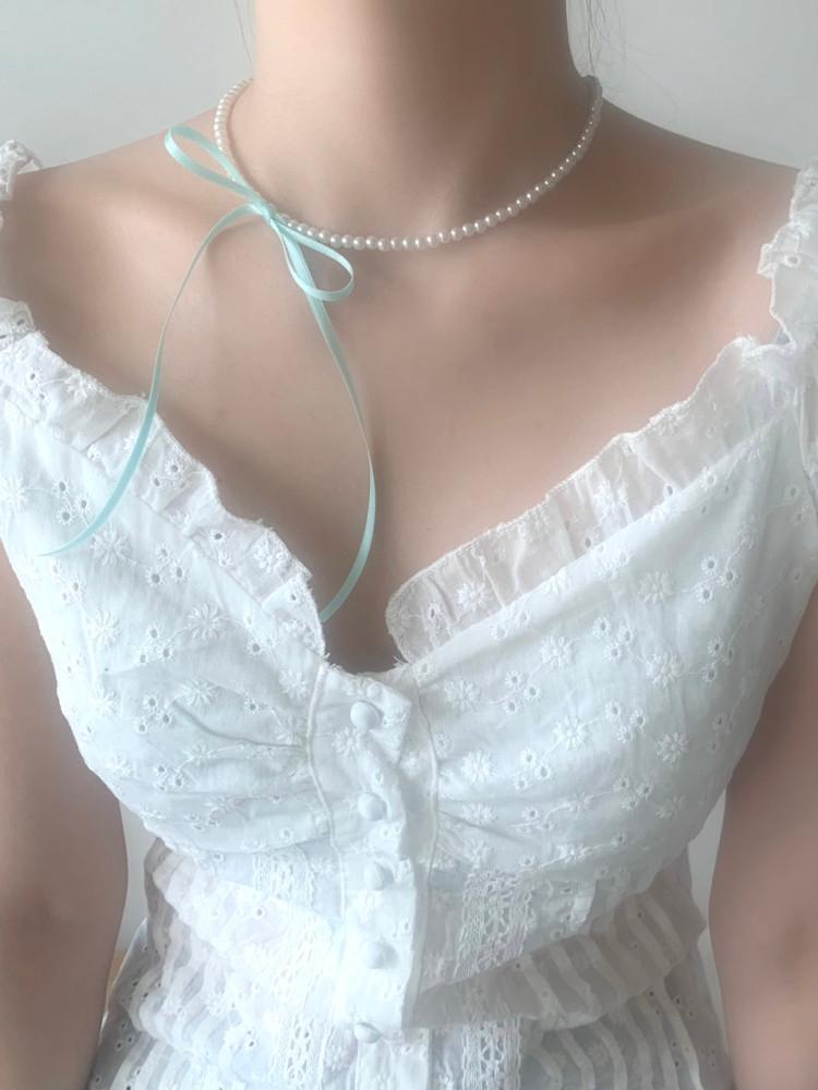 (3color) ﻿tina ribbon pearl choker 진주 초커 목걸이
