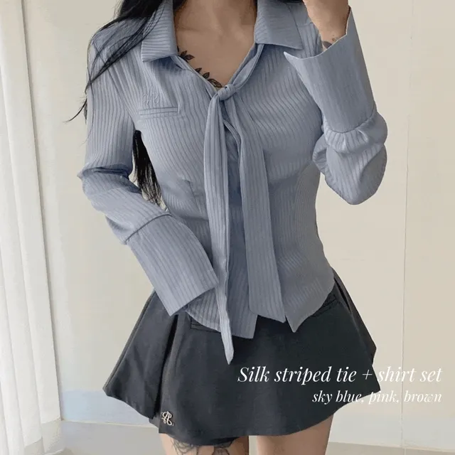 *3color* 실크 스트라이프 타이 + 셔츠 set