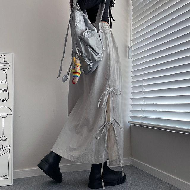 [6color] 더블 스트랩 리본 사이드 트임 나일론 롱스커트_프리플랜