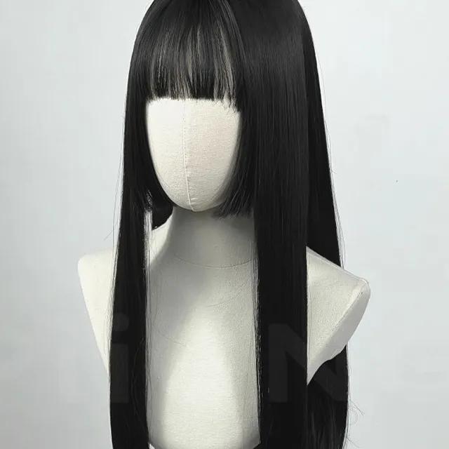 히메컷 통 가발 자연스러운 검정 내추럴 블랙 긴 생 머리 전체 가발 패션 롱 코스프레 흑발 헤어 스타일 촬영 데일리 일상 위그