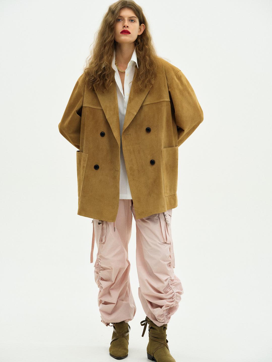 Double Breasted Suede Coat, Camel - One Size / Camel