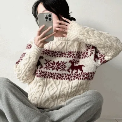 [겨울무드/루즈핏!] 아방핏 노르딕 꽈배기 라운드넥 니트 겨울니트