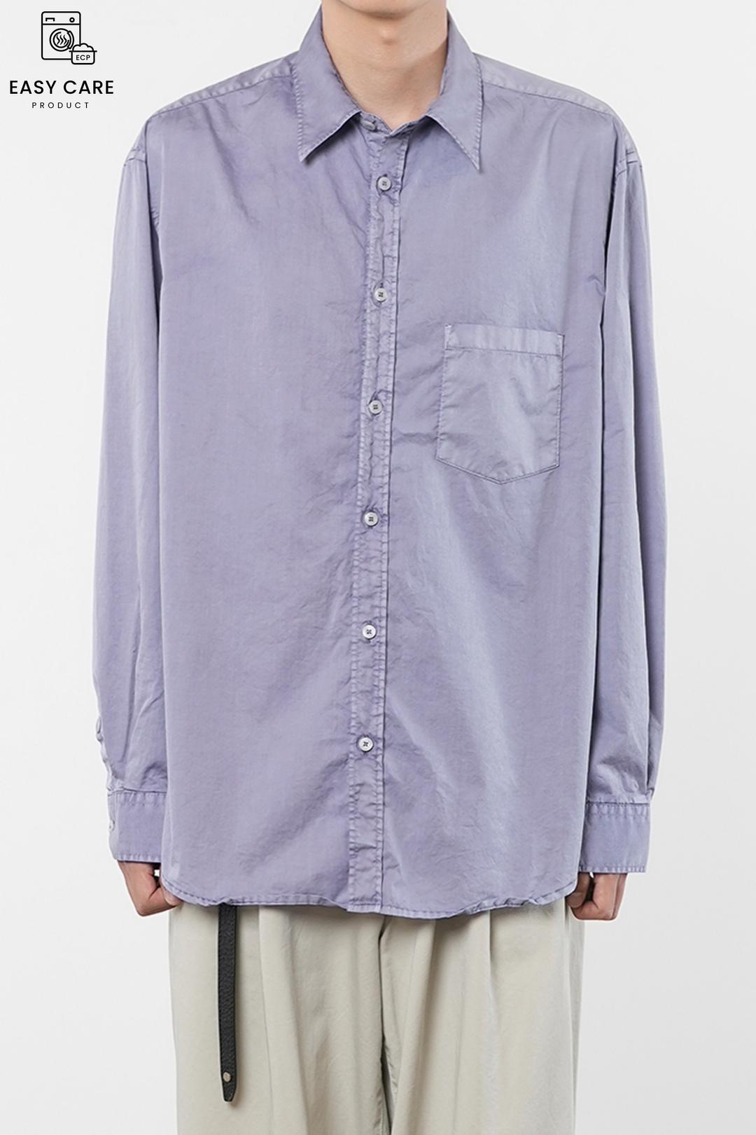 LAVENDER SATIN TYPEWRITER OVER DYED POIKA SHIRT (ECP GARMENT PROCESS)