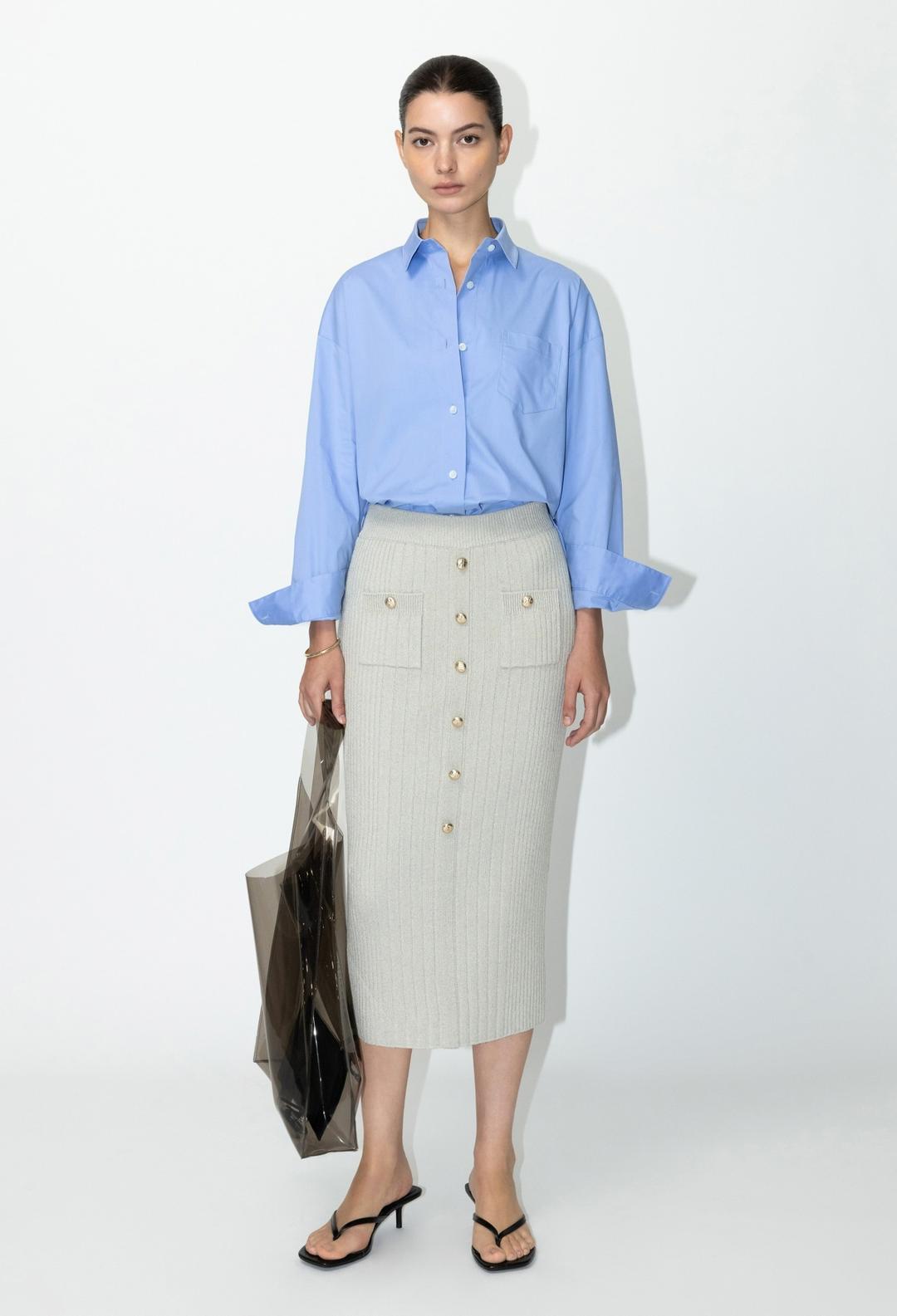 버튼업 니트 스커트 - 카키 베이지