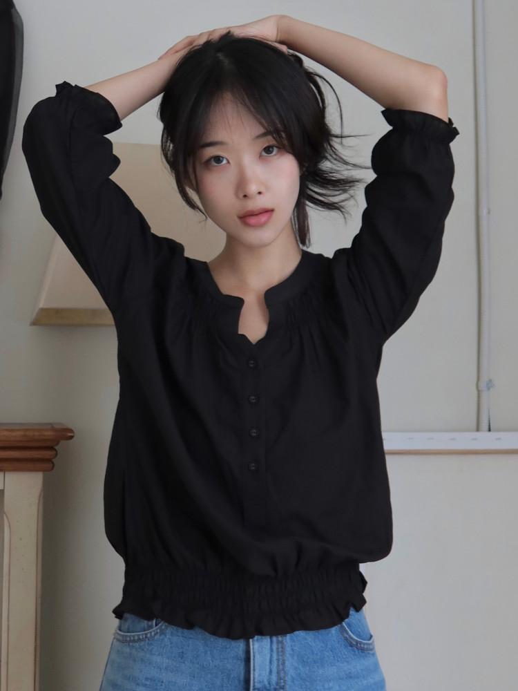 블랙 퍼프 셔링 여성 라운드넥 블라우스 7부 셔츠