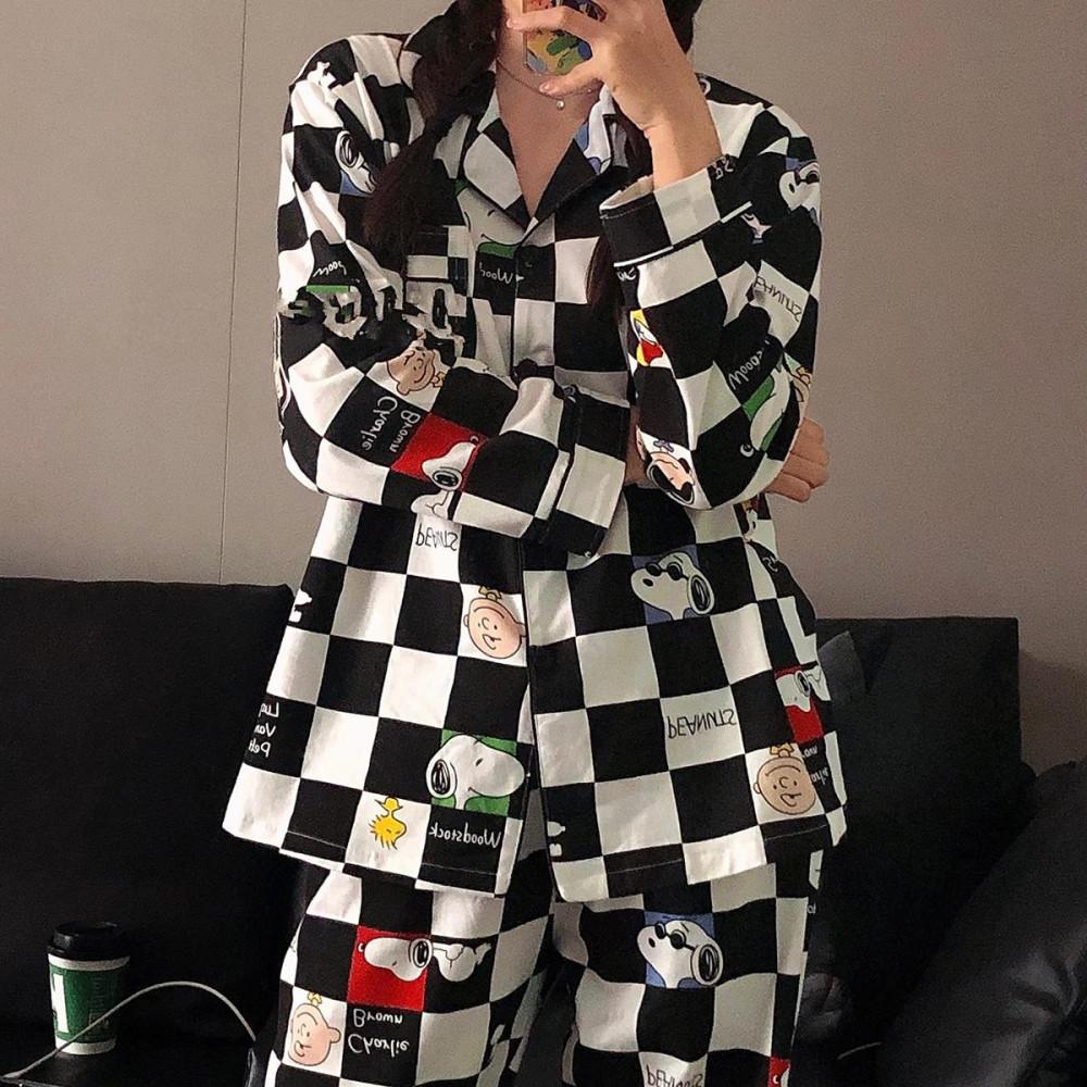 디어빌리지 귀여운 캐릭터 순면 커플 잠옷 찰리브라운 바둑 체크 빅사이즈 파자마파티 홈웨어