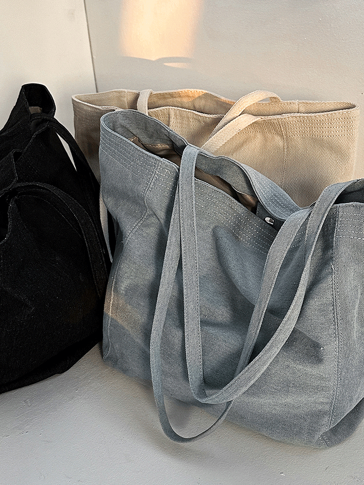 이너니티 당출🚀[주문폭주!/BIG] 헤링본 데님 캔버스 무지 오버핏 에코백 / 빅 숄더백 3color