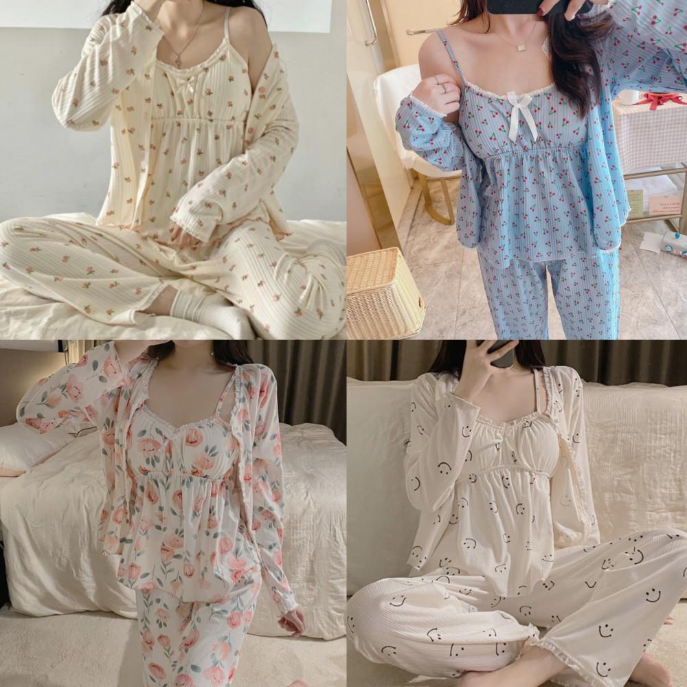 캡내장 3피스 면 잠옷세트 나시 긴바지 우정 파자마파티 여성