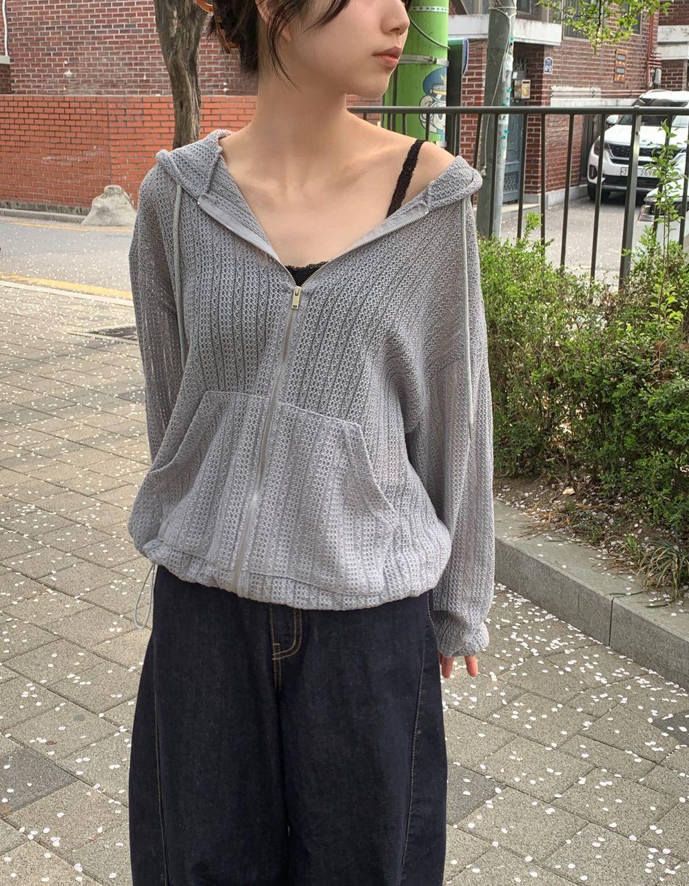 우누 레이스 니트 후드집업 (4 color) 매쉬 여름 봄 펀칭 시스루 점퍼 가디건 스트링 포켓 박시 오버 여리